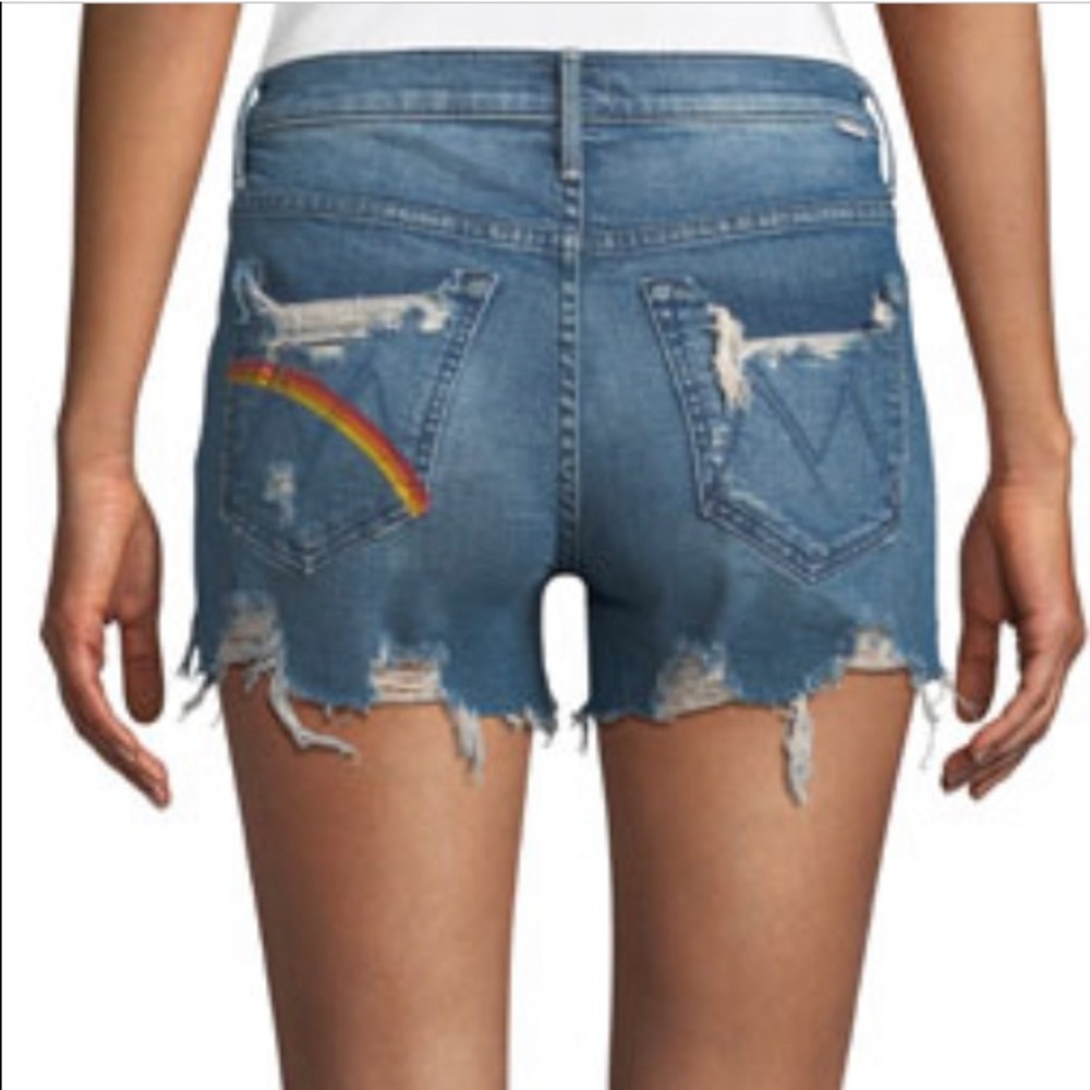 MOTHER "Rascal" shorts in distressed denim with rainbow detail 27” waist